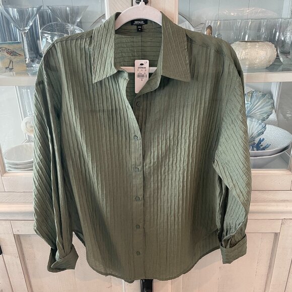 EXPRESS BOYFRIEND PORTOFINO OVERSIZED SHIRT TEXTURED STRIPE GREEN SIZE XS NWT - Picture 1 of 7